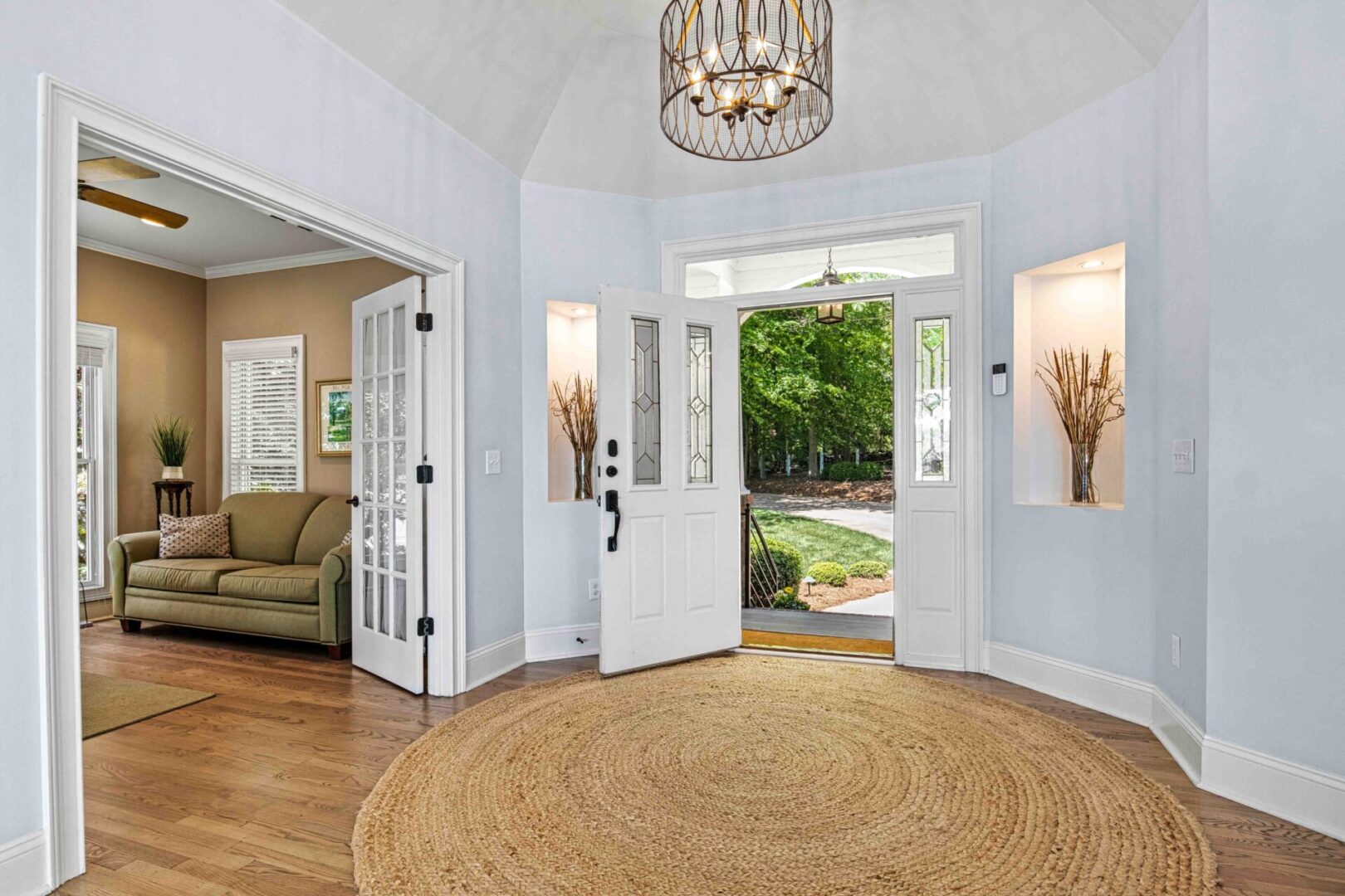 A large open door leading to the living room.